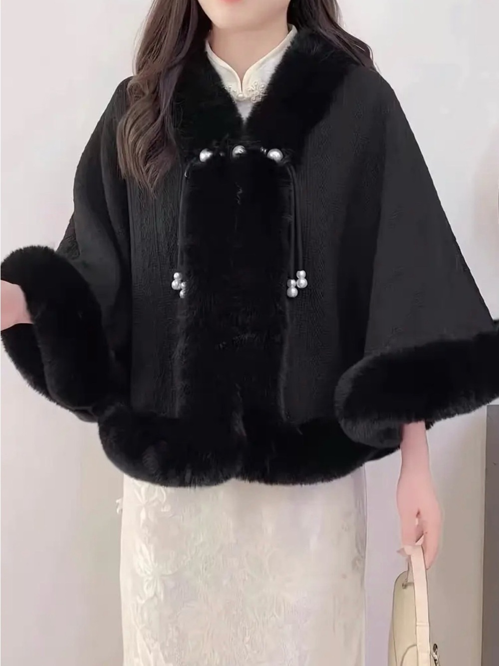 Black Faux Fur Trimmed and lined, Knit Cape with Faux Pearl Clasp New